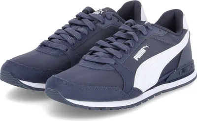 A pair of navy blue Puma running shoes with white accents, displayed on a white background.