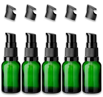 Produktbild von 5x Grüne Glasflasche 15 ml mit schwarzer Pumpe Dispenserpumpe leer Set
