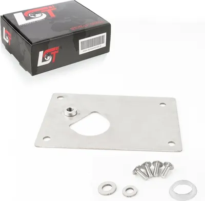 A product shot of a repair kit for a convertible top motor, including a metal plate and fasteners, next to its packaging.