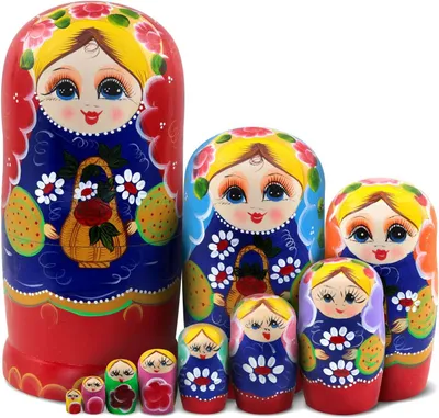 Productafbeelding van Meisjes met nestpop van hout - Set van 10 - Fruitbloem - Traditionele kleurrijke appel - Russische Matryoshka