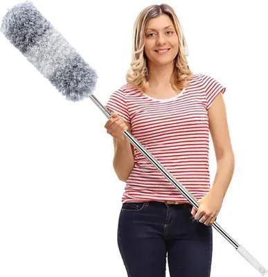 Produktbild von Staubwedel Teleskop Waschbar, Staubwischer Mikrofaser Edelstahl Teleskop Stange und Verbiegbare Eckbesen, Staubwedel Lang Ausziehbar Extra Lang Bis 100 inch, für Decken Spinnweben
