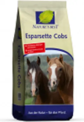 A bag of horse feed with an image of two horses on the front.