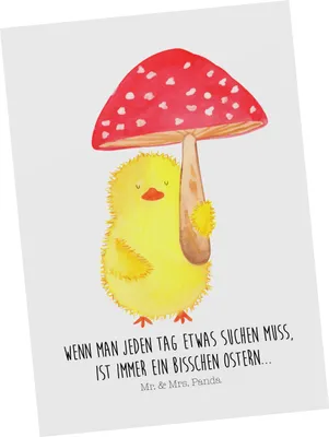 Produktbild von Mr. & Mrs. Panda Postkarte Küken Fliegenpilz - Weiß - Geschenk, Einladungskarten Geburtstag, Geschenkkarte, Ostern, Ansichtskarte, Einladung, Osternest, Osterhase