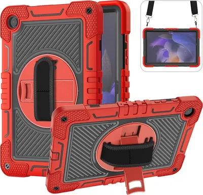 Immagine prodotto di Per Samsung Galaxy Tab A9 Plus stand-up all'aperto ibrido rosso / nero 360 gradi con cinghia di tenuta custodia tablet
