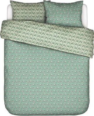 A top-down view of a duvet cover and pillow set laid out on a white background.
