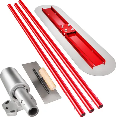 A set of concrete finishing tools, including a bull float with extension poles, a hand trowel, and a connector.
