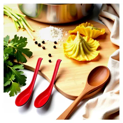 Produktbild von 2 asiatische Suppenlöffel, chinesische und japanische Miso Ramen Wonton Knödel Pho Reis Nudel Suppenlöffel, rote und schwarze Melaminlöffel