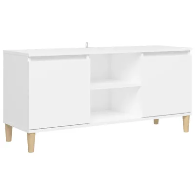 A white TV stand with wooden legs is shown against a white background.