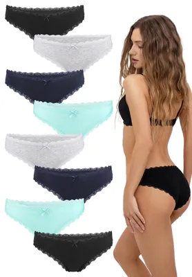 Produktbild von Fabio Farini - 8 Stück Damen Bikinislip - Unterhosen aus weicher Baumwolle mit Stretch-Anteil im Bikini-Style mit Schleifchen und dezenter Spitze