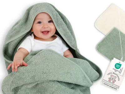 Produktbild von Baby-Kapuzenbadetuch, 100% Baumwolle, Salbei