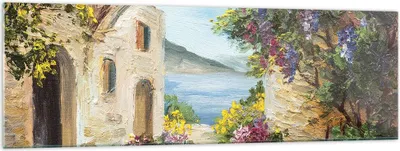 Produktbild von Bilder auf glas - Einteilig - Haus Santorini Blumen - 160x50cm - Glasbilder - Wandbilder - Bilder - zum Aufhängen bereit - Wanddekoration aus Glas - Glas Bilder - Wandbild auf Glas - GAB160x50-4191