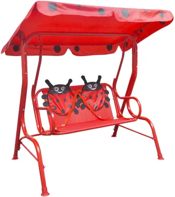 A red ladybug-themed swing set for children, shown against a white background.
