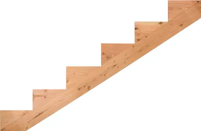 A wooden staircase stringer with six steps, isolated on a white background.