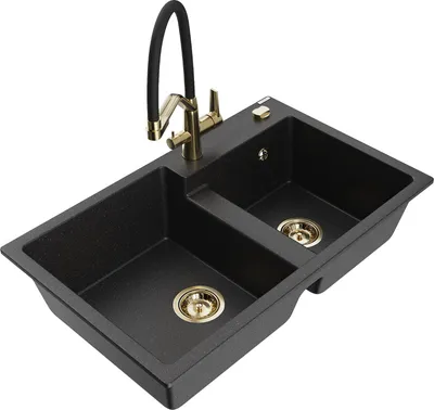 Produktbild von Mexen Tomas 2-Becken-Granitspüle mit Mischbatterie Duo, Schwarz/Silbermetallic - 6516-73-671701-57-G
