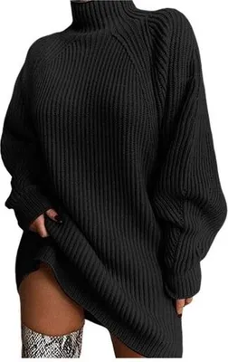 Produktbild von Grobstrickpulloverkleid, trendiges Pulloverkleid Winterpullover mit Fledermausärmeln für Damen,Rot, Damen, XL