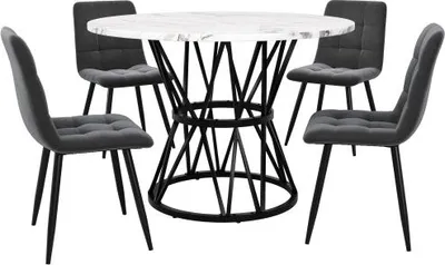Produktbild von 100cm runder Tisch 4 Stuehlen Esstisch-Set 5-teilig Schwarze Metallbeine MDF Marmor-Tischplatte Grau Samt-Esszimmerstuehle Modernes Kuechen-Esstisch-Set