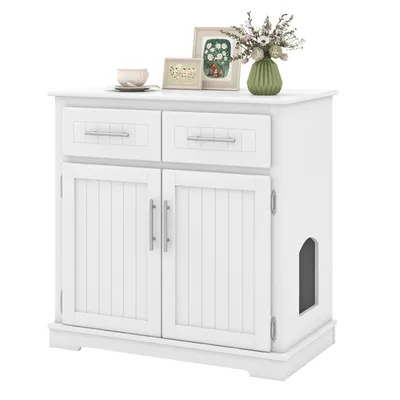 Produktbild von GOPLUS 3 in 1 Katzenschrank für Katzentoilette, Haustierhaus aus Holz mit 2 Schubladen, Doppeltüren & Seiteneingang, Katzenkommode, weiß