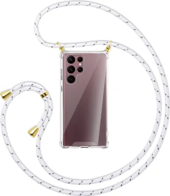 Produktbild von Handykette Backcover-Schutzhülle mit Band (Metall goldfarben) für Samsung Galaxy S22 Ultra 5G (S908) - weiß/grau