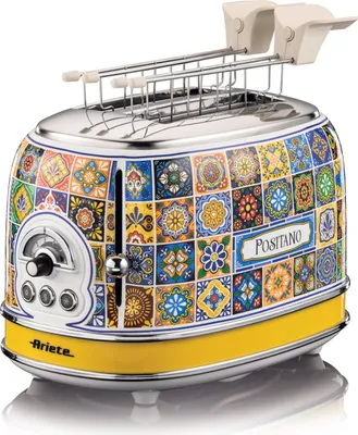 A toaster with a colorful, tiled design.