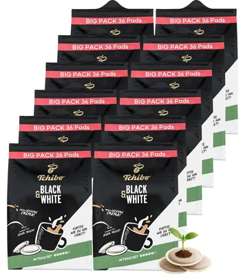 Produktbild von Tchibo Kaffeepads Vorratspack Maxipack, BLACK & WHITE, 432 Stück – 12x 36 Pads (Kaffee, kräftig mit starkem Geschmack), nachhaltig, geeignet für Senseo Maschinen
