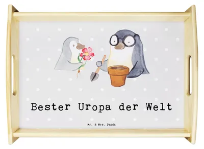 Produktbild von Mr. & Mrs. Panda sofatablett Pinguin Bester Uropa der Welt - Grau Pastell - Geschenk, Opa, Serviertablett, Bett-Tablett, Deko Tablett, Geschenkidee, Geburtstag, holz