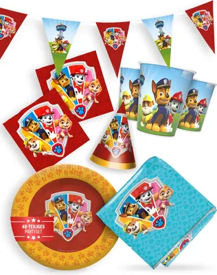 Produktbild von Paw Patrol Party Paket 48tlg mit Tischdecke Wimpelkette Partyhüten Partygeschirr