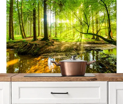 Obrázok produktu pre KitchenYeah® Kuchynský splashback - Kuchynský splashback - Ochrana steny sporáka a drezu - Les - Krajina - Voda - Stromy - Slnko - Zelená - Príroda 120x80 - Alu-Dibond (alternatíva sklenených splashbackov)