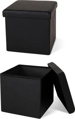 A black storage ottoman is shown in two views: one closed and one open.