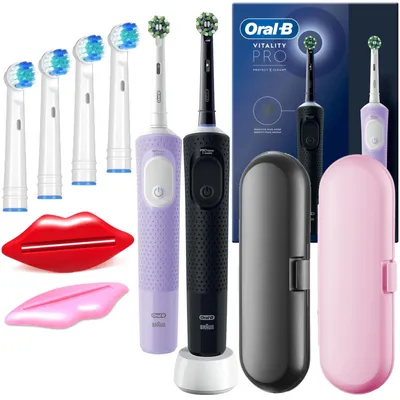 Produktbild von Elektrische Zahnbürste Oral-B Vitality Pro D103 Duo – Schwarz & Violett – 6 Aufsteckbürsten – 2 Etuis – Zahnpastapressen