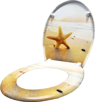 A toilet seat with a beach and starfish design.