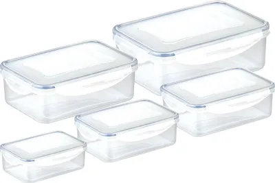 A set of five clear rectangular food storage containers with blue lids, arranged on a white background.