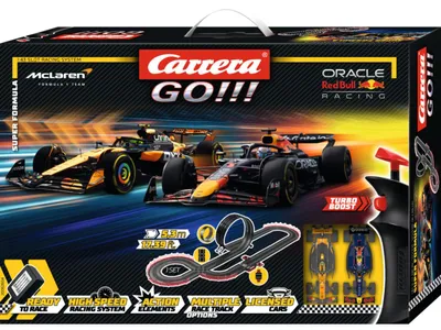 Produktbild von Carrera GO!!! Autorennbahn Set Super Formula | F1 Racing mit Red Bull RB21 M. Verstappen No.1 und McLaren Formula 1 Team L. Norris, No 4 | mit Turbo-Knopf, Looping und Kreuzung | Streckenlänge 5,3 m