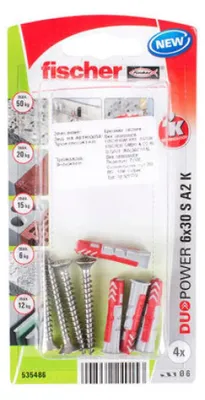 Zdjęcie produktu dla Kołek Uniwersalny Z Wkrętem F6X30Mm 4 Szt. Fischer Duopower A2 S