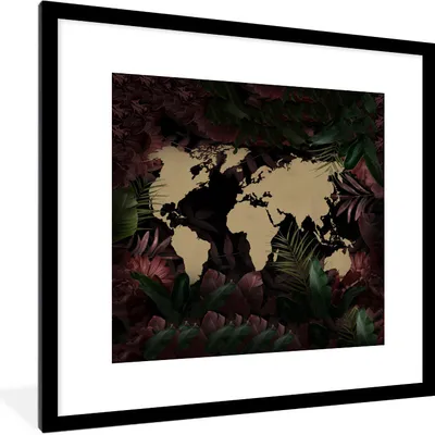 Produktbild von MuchoWow® MuchoWow® Gerahmtes Poster Weltkarte - Pflanzen - Einfach 40x40 cm - Poster mit zchwarzem Bilderrahmen - Poster - Plakat im Rahmen