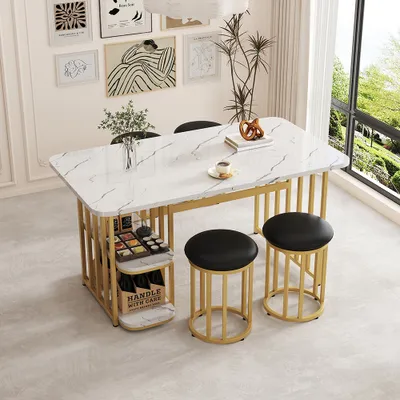 Productafbeelding van AIORBER Eettafelset voor 4 personen, geschikt voor vier personen, tafel met opbergruimte, voor keuken en eetkamer, wit en goud, 140x80x75 cm