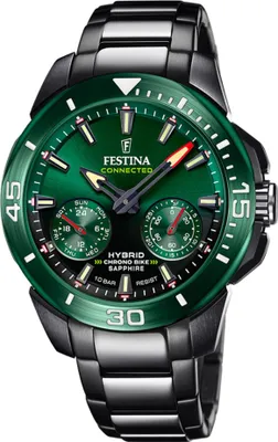 A close-up studio shot of a Festina smartwatch with a green dial and black metal band.