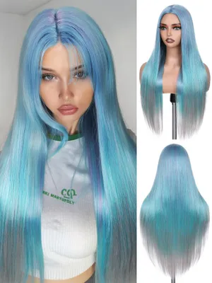 Image de Perruque synthétique bleue-vert de 65 cm pour femmes