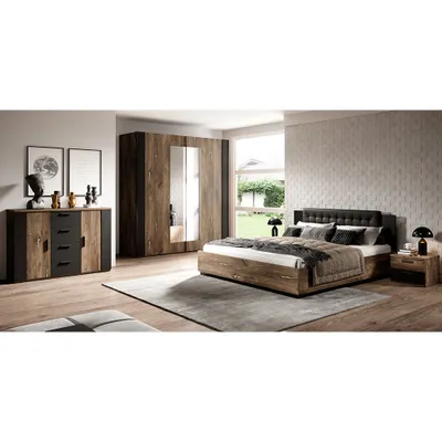 Produktbild von Schlafzimmer komplett Set inkl. Bett und Lattenrost, Liegefläche 160 x 200 cm SOLMS-83 in Flagstaf Eiche dunkel Nb. und silber, kombiniert mit schwarz