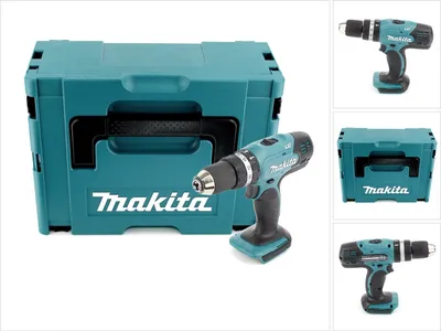 A collage of images showing a Makita cordless impact drill and its storage case.