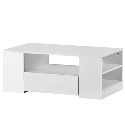 Produktbild von okwish Couchtisch Hochglanz-Beistelltisch,Moderner Wohnzimmertisch mit 2 Schubladen und 2 Ablagen, Möbel-Beistelltisch (95 x 53 x 37 cm) weiß
