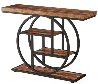 Zdjęcie produktu dla Stolik konsolowy w stylu przemysłowym – stolik do przedpokoju i kanapy – 4 półki – 105 cm długości – prostokątna metalowa rama – ciemnobrązowy