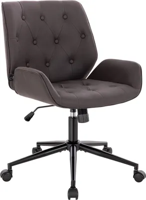 A dark brown office chair with a tufted back and seat, on a white background.