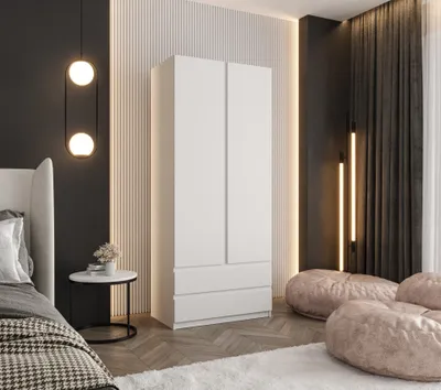 Produktbild von Kleiderschrank Weiß 70 cm – Drehtürenschrank 190x70x48 cm – mit Kleiderstange, Einlegeböden und 2 großen Schubladen – Schlafzimmerschrank