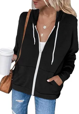 Imagen del producto de Chaqueta deportiva de Damen con cremallera, tipo sudadera con capucha, forro polar, mangas largas, corte holgado y casual, y dos grandes bolsillos laterales