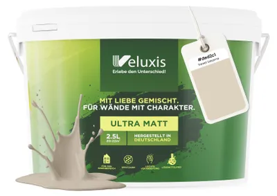 Produktbild von Wandfarbe Beige Creme Grau Matt Innenfarbe – Deckkraft Klasse 1, VOC-frei, Ohne Grundierung, Tropfarm – Wohnzimmer & Schlafzimmer – 2,5L – Veluxis (Sweet Sesame)