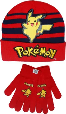 Produktbild von Pokemon Pikachu Jungen Herbst Wintermütze plus Handschuhe Gr. 54/56 – Rot / 54/56