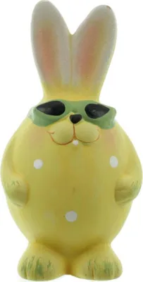 A yellow ceramic Easter bunny figurine wearing sunglasses.