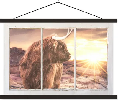 Produktbild von MuchoWow® Textilposter Schottisches Hochlandrind - Aussicht - Sonnenuntergang 60x40 cm mit schwarzem Rahmen - Hölzernes