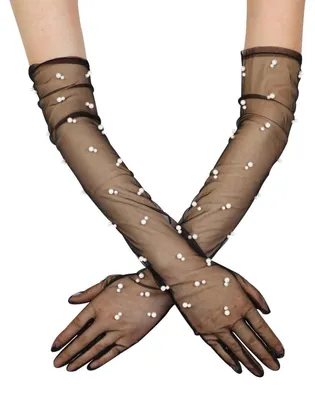 Produktbild von Damen Tüllhandschuhe lang mit Perlen Einheitsgröße 60cm Schwarz