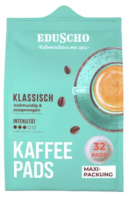 Obrázok produktu pre Eduscho, kávové pady, klasická aróma, 32 kusov. Plná a vyvážená chuť, s čerstvou arómou, intenzita 3/5, vhodné pre všetky zariadenia na prípravu kávy s použitím padov